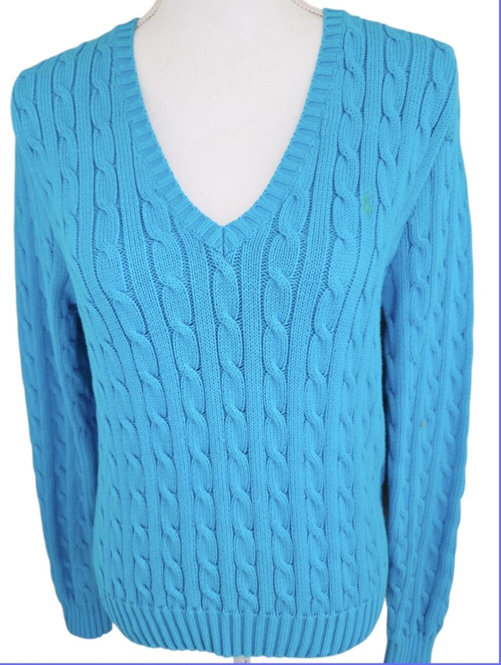 ralph lauren sport cable knit sweater v-neck bright cyan blue 100% cotton XL